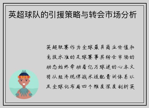 英超球队的引援策略与转会市场分析